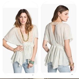Free People Cream Boho Lace-Trim Peplum Top